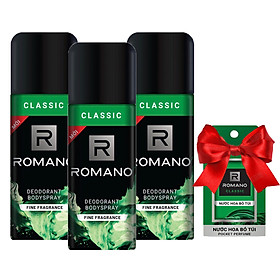 Bộ 3 chai xịt khử mùi Romano Classic 150ml +Tặng kèm nước hoa bỏ túi Romano 18ml (Màu ngẫu nhiên)