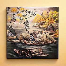 Tranh sơn mài đồng quê vẽ màu đẹp Thanh Bình Lê, hàng xuất khẩu 30x30 cm