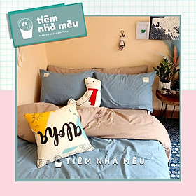 Bộ Chăn Ga Gối Cotton TC Nhập Hàn m6/m8/2m - Tiệm Nhà Mêu Set 4 Món 2 Vỏ gối ,drap , vỏ chăn- Xanh Dương Ga Nâu Be
