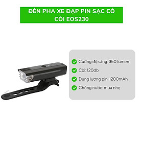 Đèn pha xe đạp pin sạc có còi EOS230, dung lượng pin 1200mAh