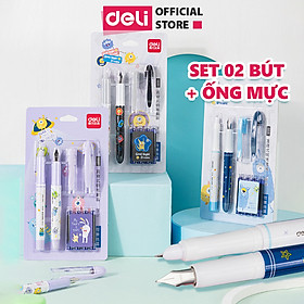 Set 2 bút máy học sinh kèm ống mực xanh cao cấp Deli, bút luyện viết chữ đẹp, tập viết chính tả họa tiết dễ thương