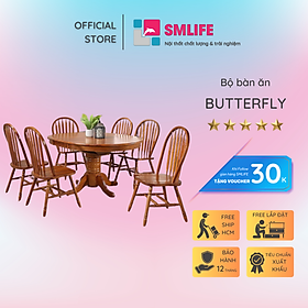 Bộ bàn ăn thông minh kéo dài hình Oval 6 ghế gỗ sồi tân cổ điển SMLIFE Butterfly |  D152 x R107 x C76cm | tăng giảm độ dài bàn