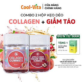 Combo Kẹo Dẻo Collagen & Kẹo Dẻo Giấm Táo Coolvita Hỗ Trợ Trẻ Hóa Sáng Da - Cải Thiện Sức Khỏe Tóc Móng - Tiêu Hóa - Tăng Cường Miễn Dịch, Kết Hợp Biotin, Vitamin C, Vitamin E, Vitamin B12 & Axit Folic - 2 Hộp (60 viên x 3g)/hộp