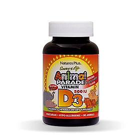 NaturesPlus Animal Parade Source of Life Chewable Vitamin D3 for Children - 500 iu - 90 Animal Shaped Tablets - Black Cherry Flavor - Gluten-Free, Vegetarian, Hypoallergenic - 90 Servings