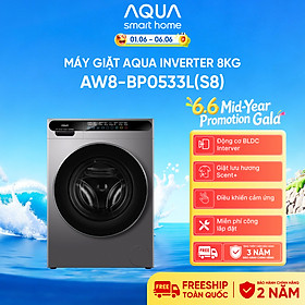 Máy giặt cửa trước AQUA Inverter 8kg AW8-BP0533L(S8) - Bảo hành 2 năm - Freeship toàn quốc - Hàng chính hãng