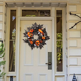 Halloween Wreath with Pumpkin, Ribbon, Black Leaves, Circle 16 inch Black Wreath for Door, Farmhouse, Indoor, Porch Decoration