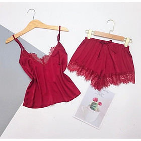 Bộ đồ ngủ nữ mặc nhà 2 dây lụa cao cấp mềm mại hàng thiết kế Màu Đỏ đô