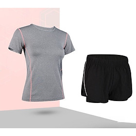 Quần Áo Thể Thao Nữ Áo Xám Đen Quần Tập Gym 2 Lớp, Bộ Đồ Tập Gym, Aerobic