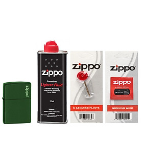 Bộ 4 sản phẩm: Bật lửa Zippo Matte Green with Logo 221ZL+Xăng+Đá+Bấc