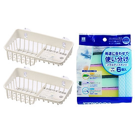 Combo 2 giá để xà bông, giẻ rửa bát 2 ngăn + Set 06 Miếng mút rửa chén bát hàng Nội Địa Nhật Bản