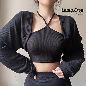 Set áo croptop cổ yếm kèm áo khoác cardigan tay bồng phong cách Hàn Quốc