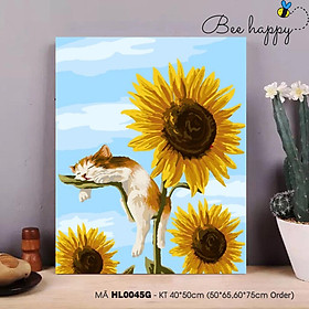 Mua Tranh Sơn Dầu Số Hóa Chú Mèo Lười Trên Cành Hoa Hướng Dương BEE HAPPY Tranh Số Hóa Mã HL0045G