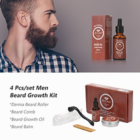 4 Pcs/set Men Beard Growth Kit Beard Roller+ Beard Growth Oil+ Beard Balm+Beard Comb Facial Hair Growth Kit