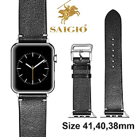 Dây Đeo Apple Watch 41mm 40mm 38mm, Chất Liệu Da Bò Cao Cấp, Phong Cách Vintage Hoài Cổ, Đơn Giản Và Tinh Tế, Tương Thích Các Phiên Bản Series 10/9/8/7/6/5/4/3/2/1/SE/SE2 - Đen - ADAPTER BẠC