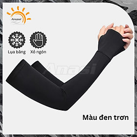 Găng tay chống nắng nam nữ phối 2 màu Anasi LB105 - Vải lụa băng dày mát - Chống tia UV SPF50 - Đen trơn