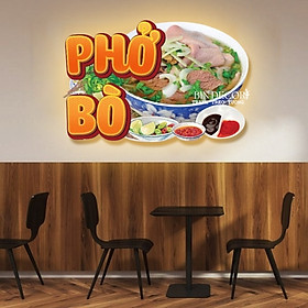 (ẢNH CHỤP) Tranh đèn led tráng gương phở bò trang trí quán ăn, nhà hàng kèm đinh treo