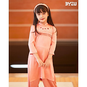 Áo dài cách tân cho bé BYZU chất vải lụa cao cấp thêu vườn hoa màu hồng cam (Diệp Đào)