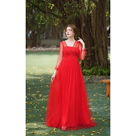 Đầm dạ hội đỏ tay dài phối lưới kết ng ọc trai