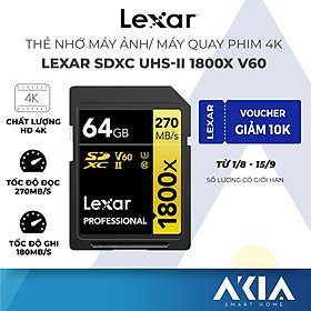 Thẻ nhớ máy ảnh / máy quay phim Lexar Professional 1800x SDXC UHS-II U3 V60 - Chất lượng video 4K, tốc độ đọc 270mb/s - Hàng chính hãng - 64GB