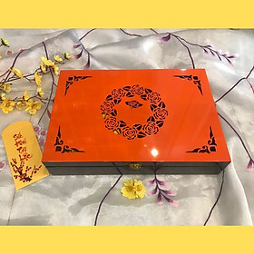 Mua KHAY - HỘP ĐỰNG BÁNH MỨT SƠN MÀI CAO CẤP 6 ngăn khắc hoa hồng nền cam. Sale 10%  Hộp mứt tết sơn mài cao cấp  ý nghĩa  sang trọng dịp tết 2022