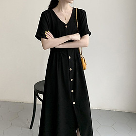 Váy sơ mi cổ V dáng suông dài basic vintage Hàn Quốc đơn giản nhẹ nhàng Đũi Việt DV194