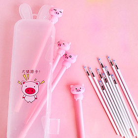 Bộ 4 bút heo hồng cute kèm hộp bút nhựa tặng kèm vỉ ngòi