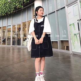 Váy yếm chỉ nổi phom rộng dáng suông freesize cá tính chất jean thô mềm dễ mix đồ cực chất (KHÔNG KÈM ÁO)