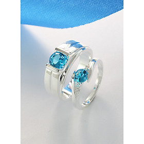 Nhẫn đôi bạc, nhẫn bạc đôi, nhẫn cặp bạc đính đá xanh dương ND0395