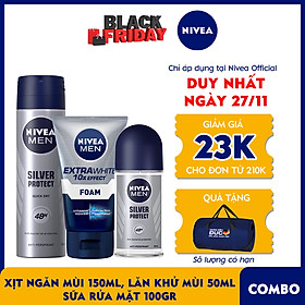Bộ 3 sản phẩm Xịt và Lăn Ngăn Mùi NIVEA MEN Silver Protect Phân Tử Bạc Giảm 99.9% Vi Khuẩn Gây Mùi (150ml - 82959 & 50ml - 83778) & Sữa Rửa Mặt NIVEA MEN Làm Sáng Da (100G) - 88836