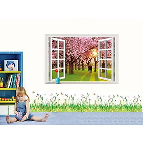 DECAL DÁN TƯỜNG CỬA SỔ ANH ĐÀO VÀ CHÂN TƯỜNG CỎ XANH