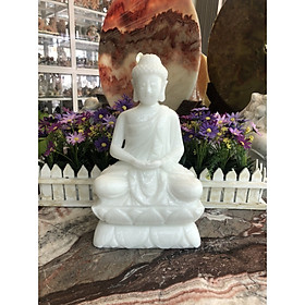 Tượng Phật Thích Ca ngồi đài sen đá cẩm thạch trắng - Cao 30 cm