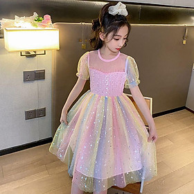 DONGSHOP Cô gái ăn 2023 mùa hè tây cầu vồng váy cô gái nhỏ mùa hè kem chống nắng lụa lưới váy công chúa trẻ em