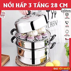 Nồi Hấp Inox 3 Tầng Siêu To Nồi Hấp Bánh Bao Bánh Flan Hấp Thức Ăn 28CM Dùng Cho Cả Bếp Từ Và Bếp Ga Tặng Kèm Xửng Hấp