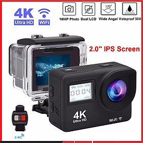 Camera hành động 4K Ultra HD Double LCD 2 "IPS WI-F 16MP 30M GO WaterProof Pro Sport DV Máy ảnh video mũ bảo hiểm có màu điều khiển từ xa: Đen