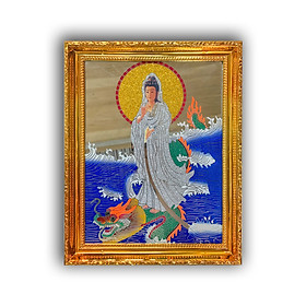 Mua tranh kiếng thờ mẹ Quan Âm đứng rồng - Khung nhựa cứng mạ vàng