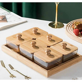 Mua KHAY MỨT TẾT 6 NGĂN THUỶ TINH NẮP GỖ PHONG CÁCH NHẬT BẢN