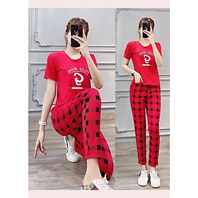 Đồ bộ nữ quần dài caro áo thiêu chữ chất liệu cotton 1841