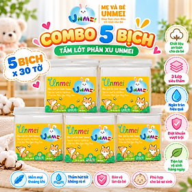 Combo 5 Bịch Lót Xu, Tấm Lót Sơ Sinh Unmei 30 Tờ/Gói 20x20cm | Trắng Trơn, Không In Cho Bé