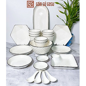 Mua Bộ Chén Dĩa Gốm Sứ Gosu Trắng Cao Cấp Sáng Đẹp Họa Tiết Kim Cương Viền Đen