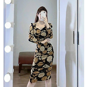 Đầm body dài nhún sườn hoạ tiết hoa kèm mút