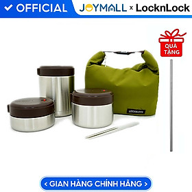 Bộ 3 Hộp Cơm Giữ Nhiệt Lock&Lock Mushroom LHC8025SLV Kèm Túi, Đôi Đũa - Hàng Chính Hãng, Tặng Kèm Ống Hút Inox