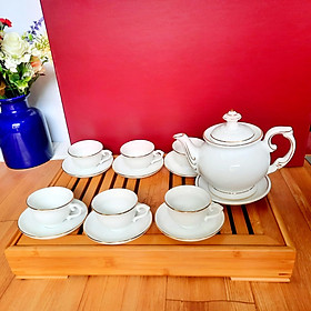Mua Bộ ấm chén Bát Tràng men trắng viền vàng kim dáng phú quý kèm hộp làm quà tặng sang trọng