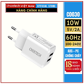 Củ sạc 2 cổng USB 5V/2A Choetech C0030 (HÀNG CHÍNH HÃNG)