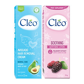 Bộ đôi Kem tẩy lông Cléo da thường 50g và Sữa dưỡng dịu da sau tẩy lông Cléo giúp trắng sáng 50g