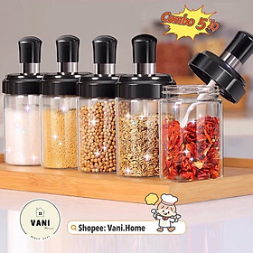 Mua Combo 5 hũ đựng gia vị thuỷ tinh có thìa - Set 5 hủ gia vị kèm nắp và thìa - bộ 5 lọ đựng gia vị kèm muỗng.