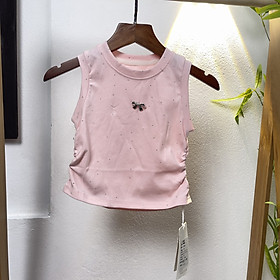 Áo sát nách bé gái sành điệu 1-8 tuổi đính đá và nơ vải cotton co giãn thấm hút mồ hôi kiểu dáng thời trang