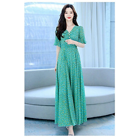 ĐẦM MAXI VOAN HOA NHÍ CỔ V KẾT NÚT ĐÁ