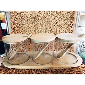 Set gia vị thuỷ tinh nắp gỗ