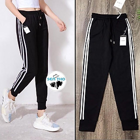 Quần Jogger 3 Sọc Trắng, Quần Nữ Dáng Dài, Thể Thao Có Dây Buộc