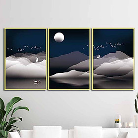 Bộ 3 tranh canvas treo tường Decor họa tiết cách điệu hươu và rừng cây, phong cách đơn giản, tinh tế - DC055